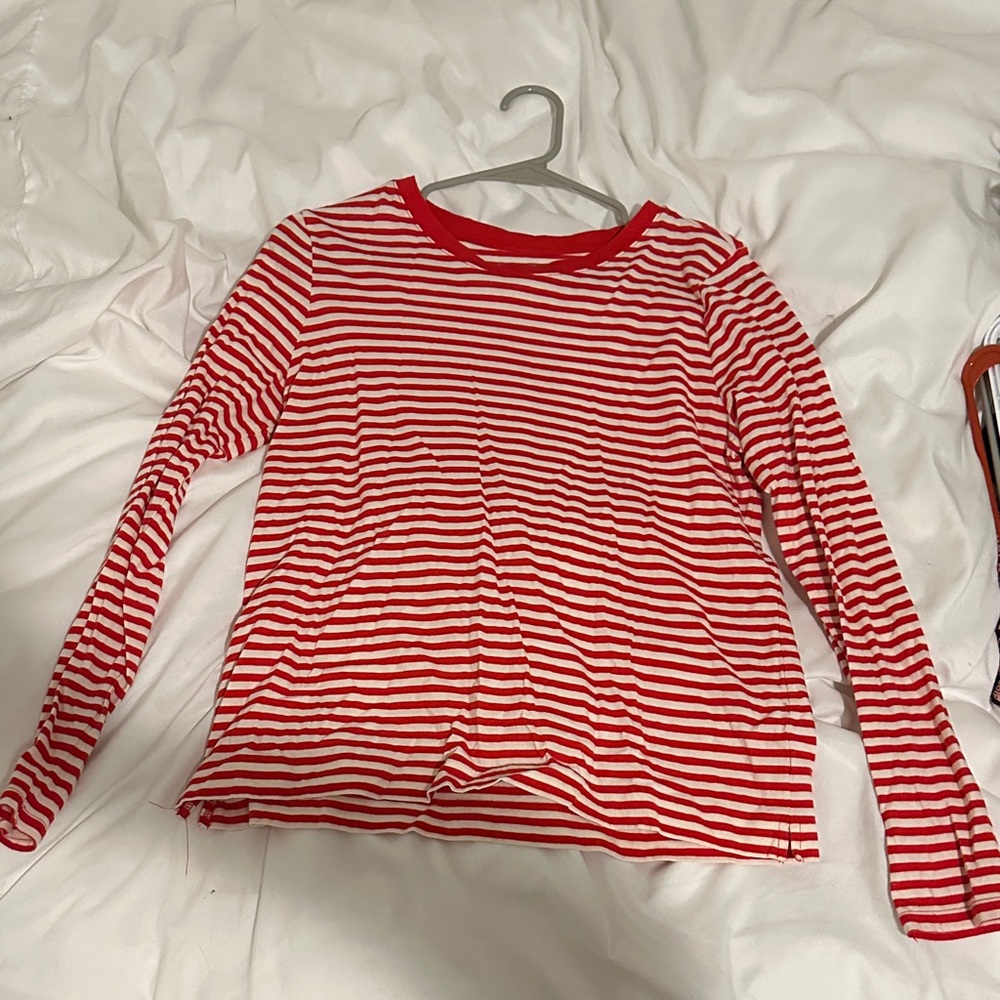 LOFT Red and White Striped Long Sleeve Tee